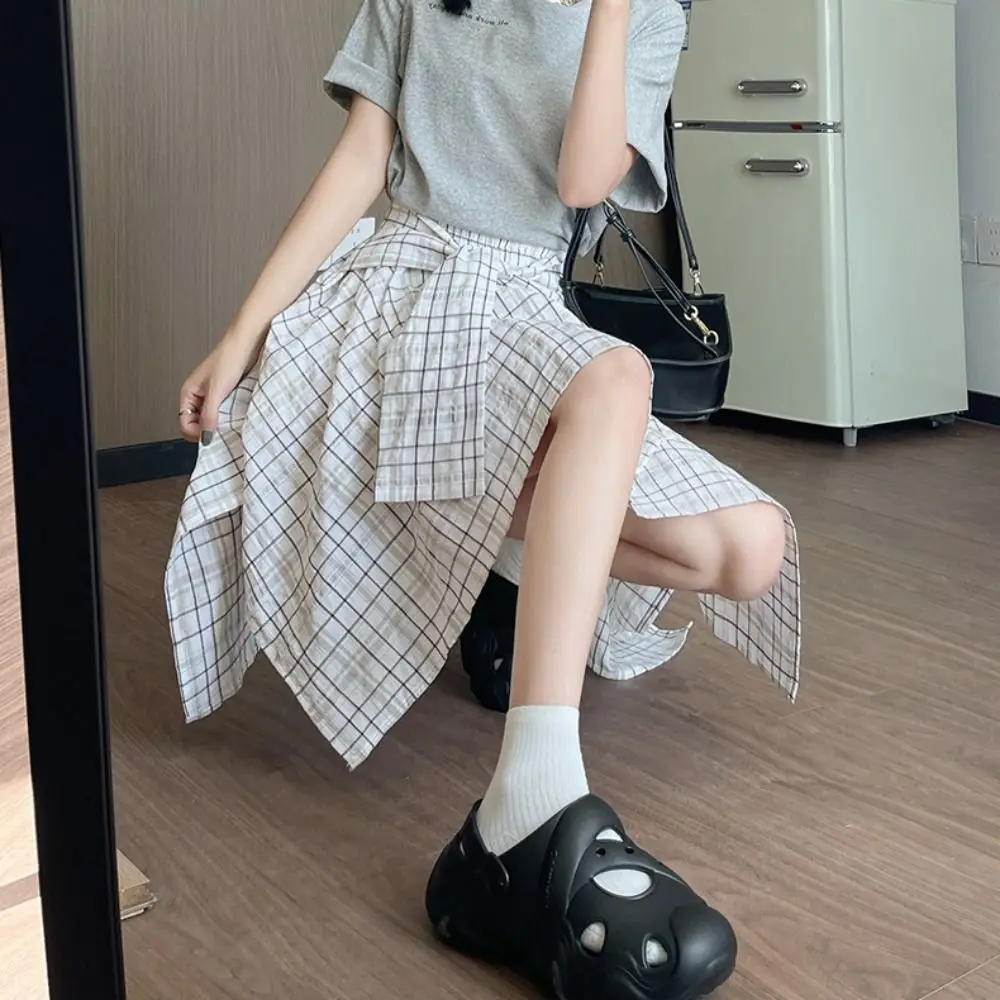 Camisas a cuadros irregulares Retro, falda acampanada con cordones, faldas falsas de dos piezas, estilo de niña picante, pantalones cortos a cuadros de cintura alta, falda de verano - imagen 2
