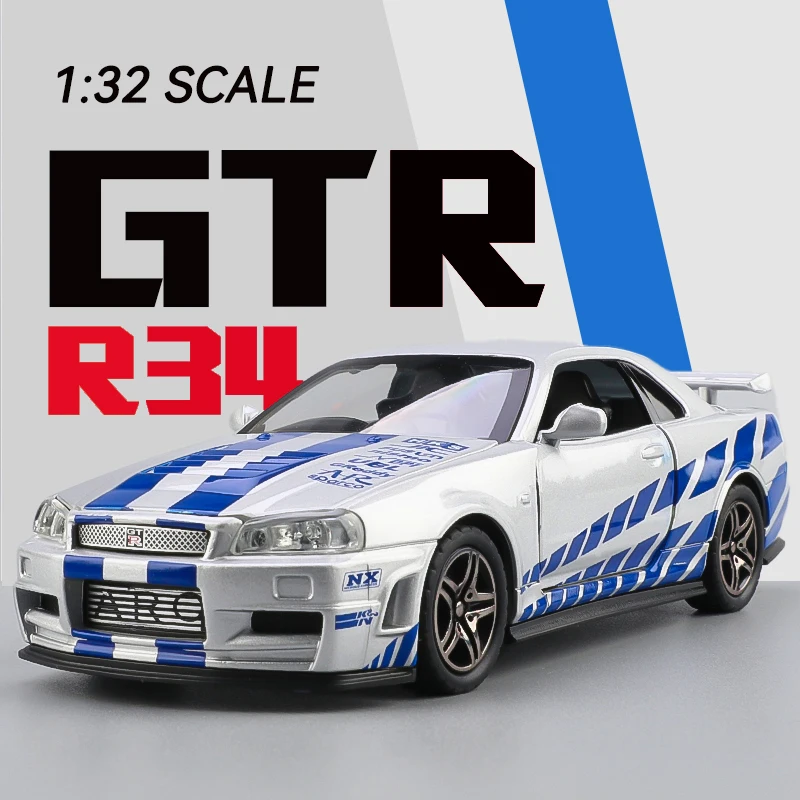 1:32 GTR R34 SKYLINE coche de simulación de aleación rápida modelo fundido a presión y vehículos de juguete y coches furiosos decoración juguetes para niños niño