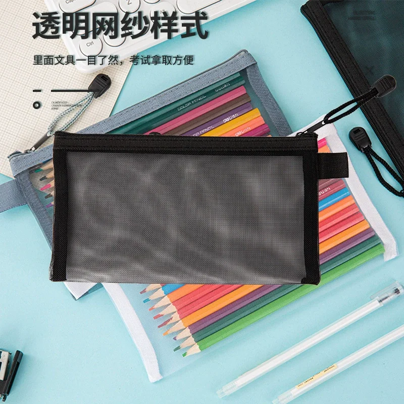 Estuche para lápices con cremallera transparente de nailon, bolsa de papelería transparente con cremallera de Color sólido, estuche de viaje, bolsa de maquillaje para volver a la escuela - imagen 2