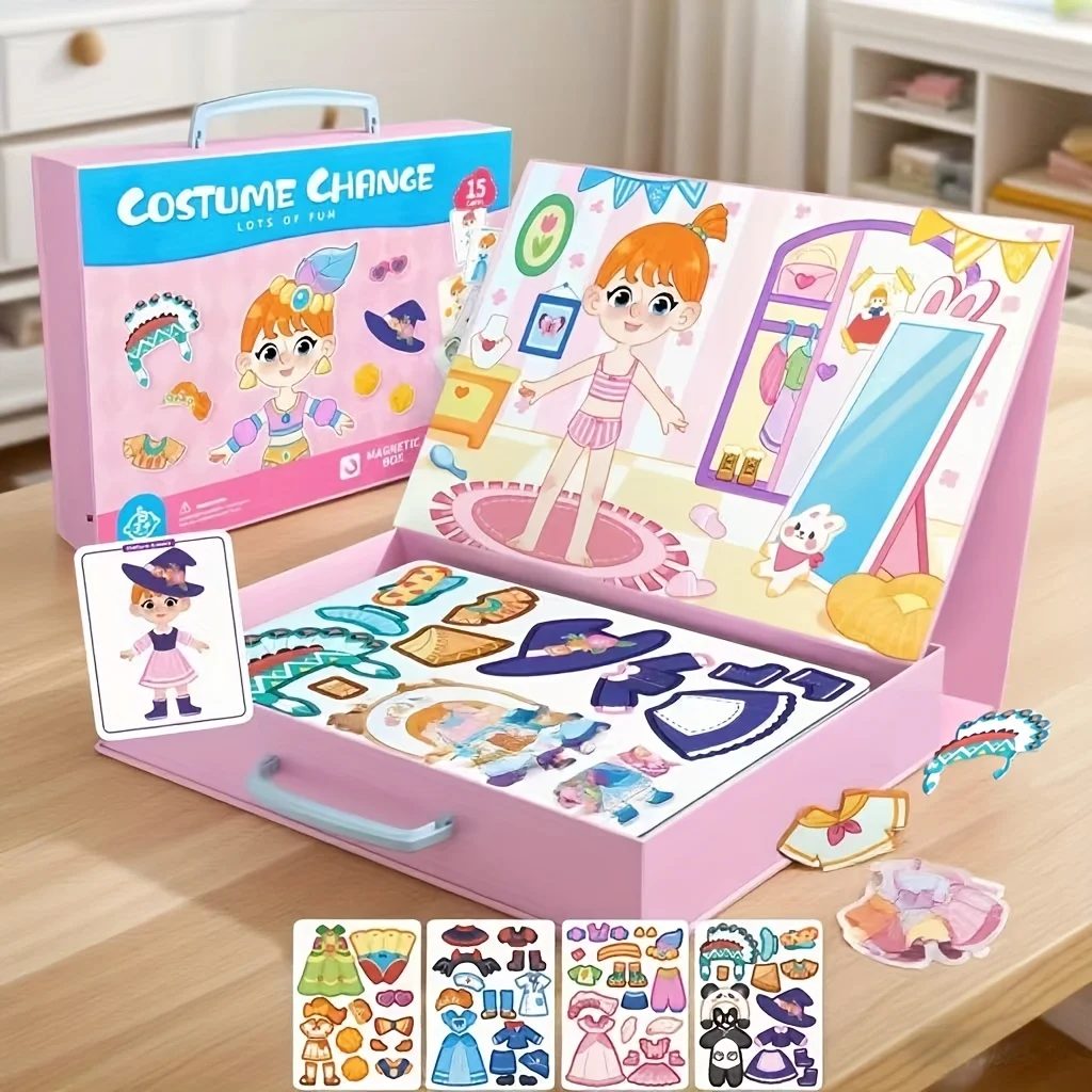 Ensemble de jeu de déguisement magnétique pour enfants, garçons et filles, tenues de visage, jeu d'échecs volant, décor de réfrigérateur, boîte de voyage Portable, cadeau