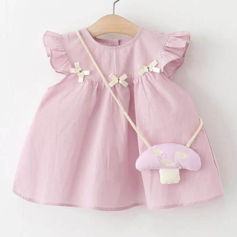 Vestidos de verano de 2 piezas, ropa para niñas, bonito vestido coreano de princesa con lazo liso sin mangas de algodón para niños pequeños + bolsa, ropa para bebés B087 - imagen 5