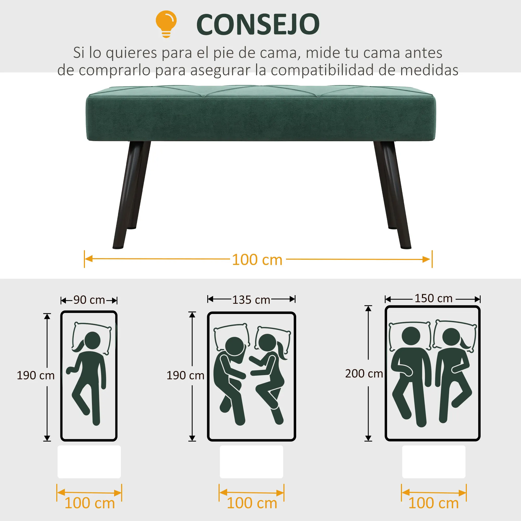 HOMCOM Taburete Pie de Cama Multifuncional Banco Pie de Cama Moderno Banco Dormitorio con Pies de Acero y Asiento Acolchado Carga 120 kg para Entrada Pasillo 100x36x45 cm - imagen 4
