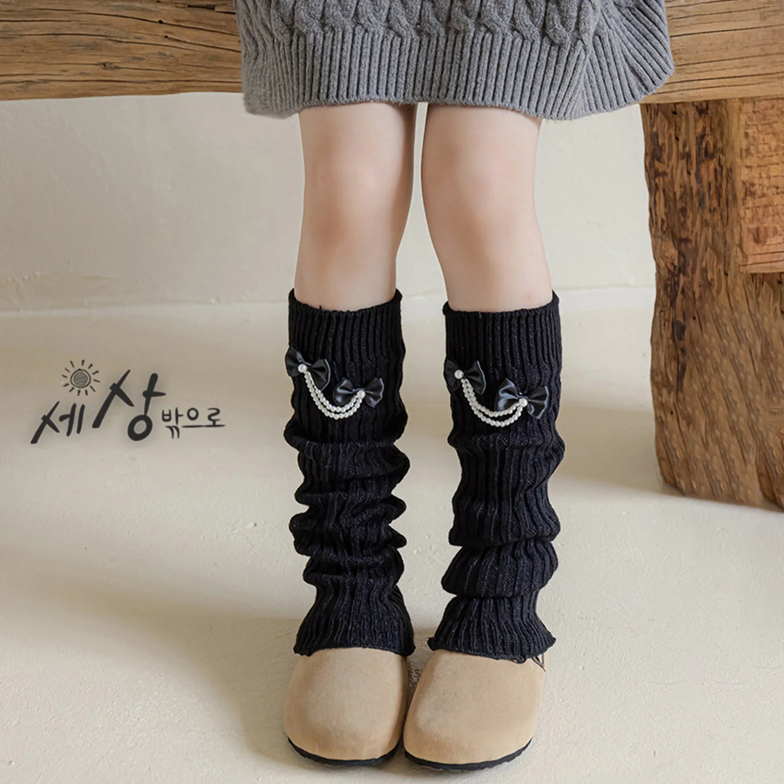 Suefunskry Calentador de piernas de punto para niñas, elegante lazo con perlas, cubierta de pantorrilla, calcetines para botas, ropa de calle para fiesta diaria - imagen 3