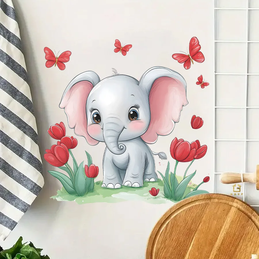 Pegatinas de pared de mariposa y elefante de dibujos animados, pegatinas de pared autoadhesivas, pegatinas de decoración de embellecimiento para habitación de niños - imagen 2