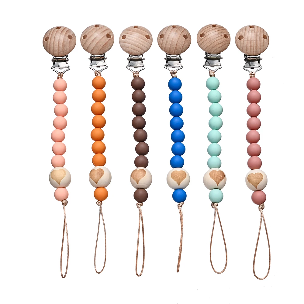 Cadena de dentición con cuentas redondas de silicona para el cuidado, chupete, juguetes para masticar, regalo de ducha, Clips de cadena para chupete de bebé, mordedor de pentagrama de madera - imagen 2