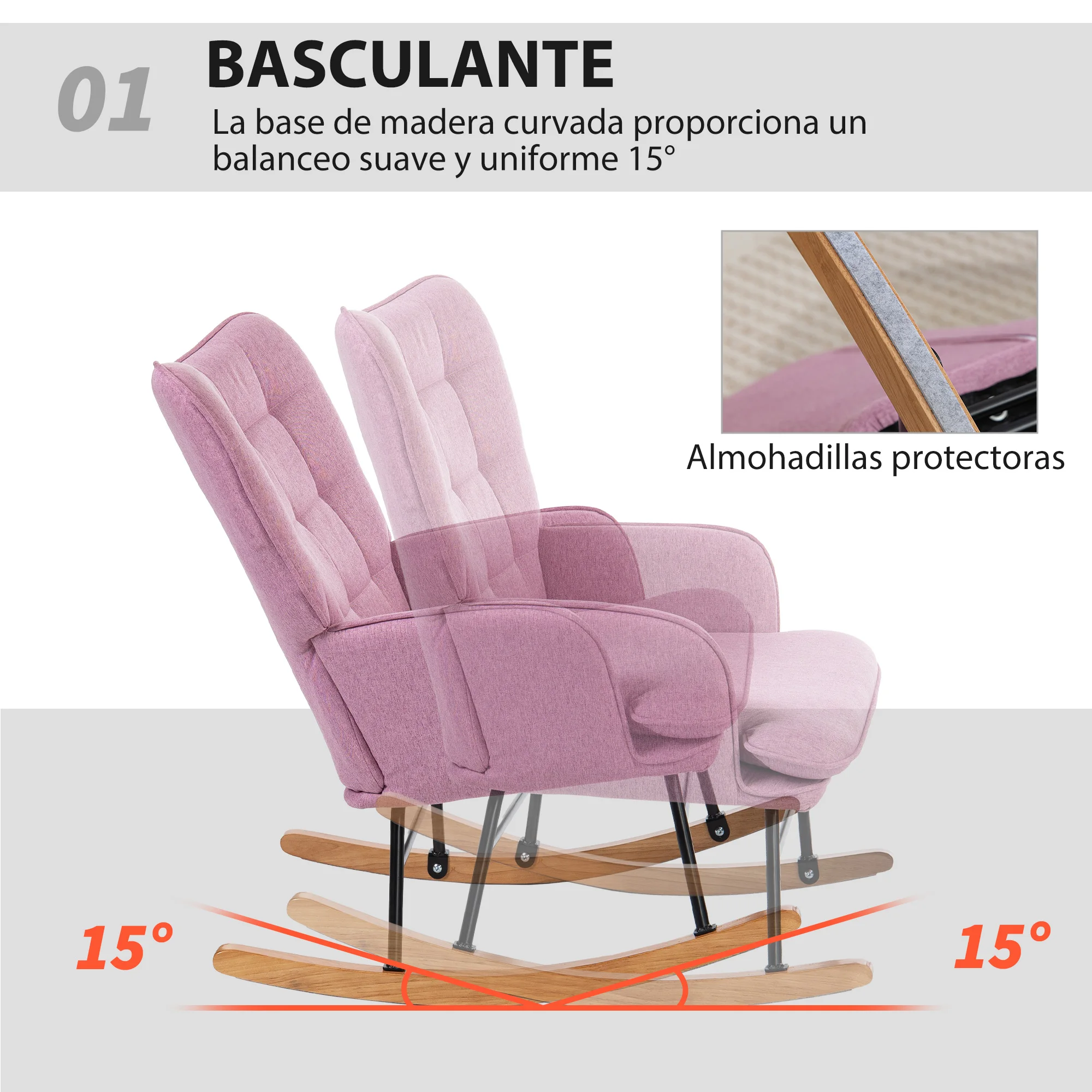 HOMCOM Silla Mecedora con Reposapiés, Sillón de Relax, con Cojín Acolchado, Respaldo Alto, Reposabrazos y Patas de Madera, Carga 130 kg, para Salón, Dormitorio, Rosa - imagen 4