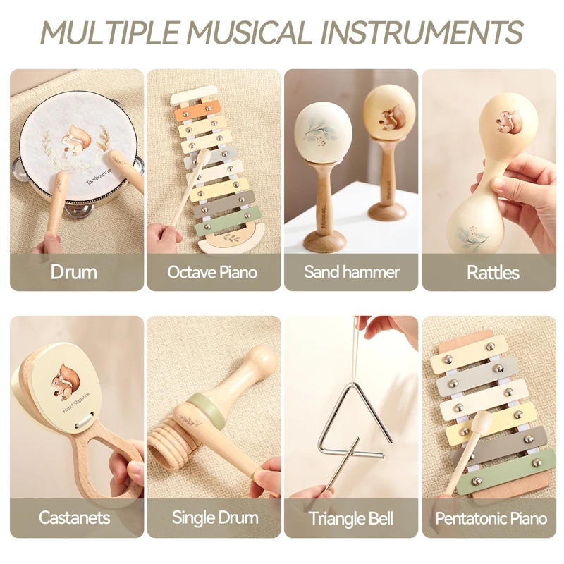 Instrumentos de iluminación musical para bebés, juguetes musicales de percusión de madera, juguetes educativos Montessori para bebés, tambor, martillo de arena, regalo para bebé - imagen 2