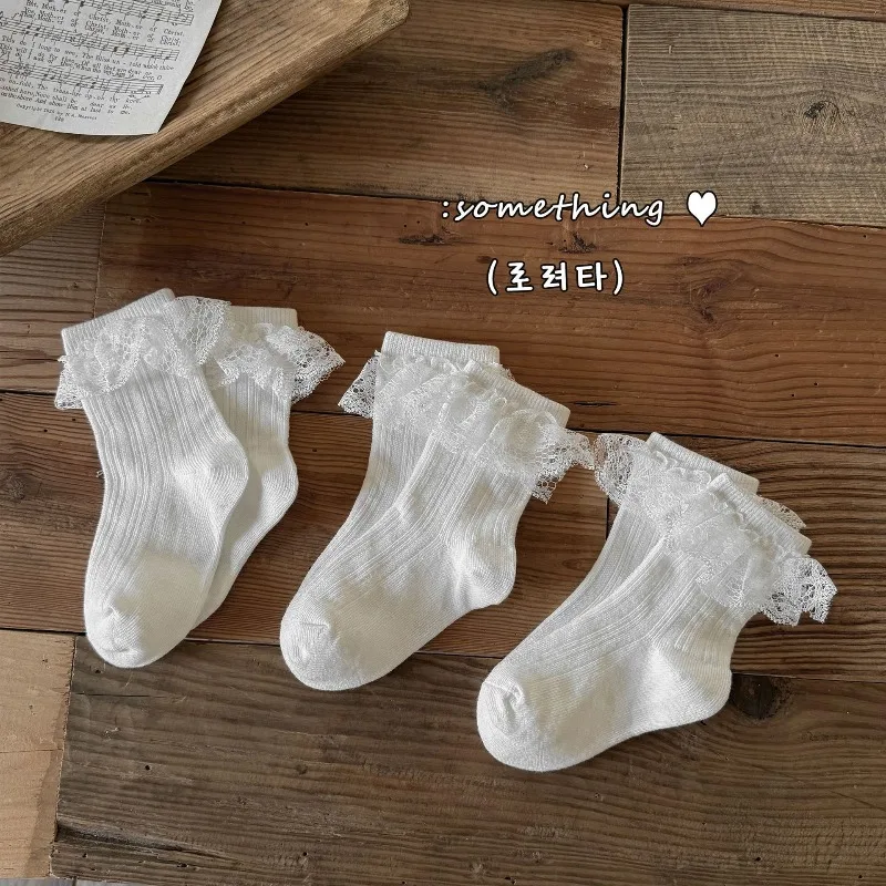 3 par/set de calcetines hasta la pantorrilla con volantes de Color blanco para niñas, calcetines elegantes de princesa de encaje Jacquard para niños, calcetines escolares de algodón suave
