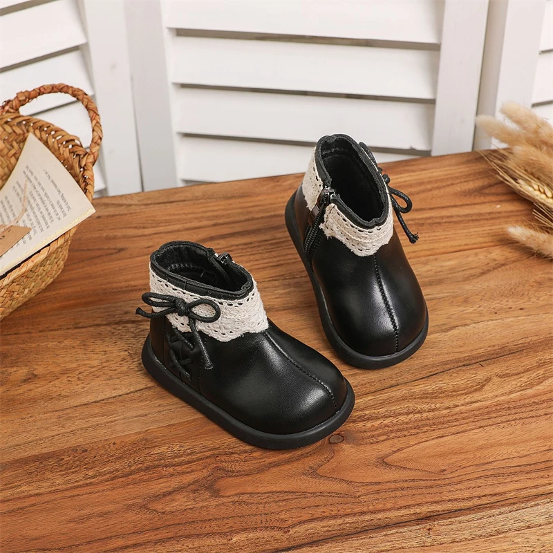 Otoño Invierno, botas de nieve para niñas, zapatos de princesa con lazo de felpa para niños, suela suave antideslizante, botas para niños pequeños a prueba de viento para exteriores - imagen 4