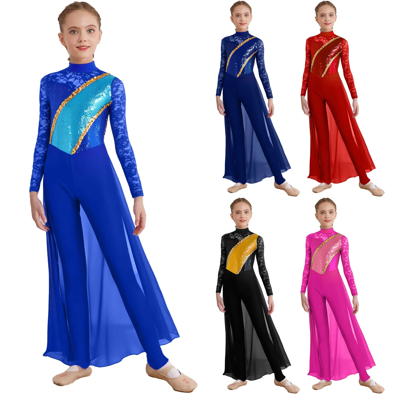 Mono de danza lírica para niñas con encaje floral y lentejuelas - imagen 5