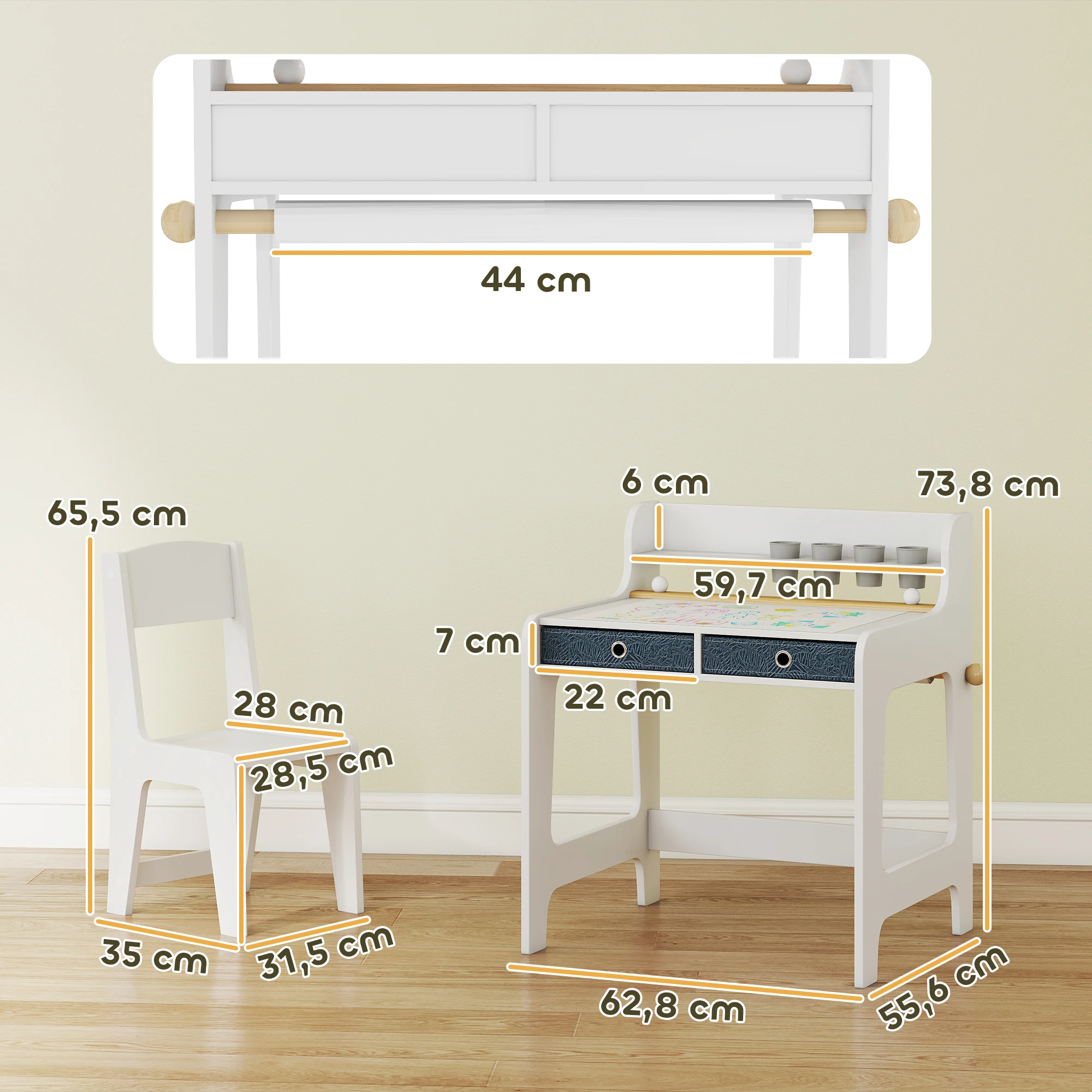 AIYAPLAY Escritorio Infantil con Silla, Pupitre Infantil con 2 Cajones Extraíbles, Estante y Portavasos, para Estudiar, Leer y Dibujar, Mesa para Niños para Dormitorio, Sala Estudio, Blanco - imagen 3