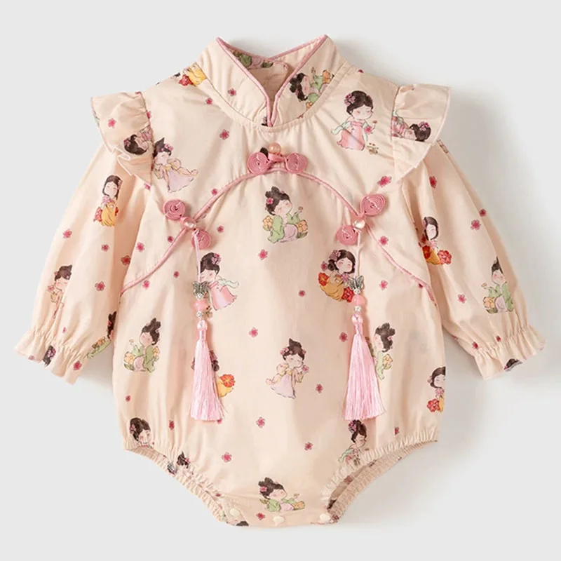 Monos de primavera y otoño para niña, monos de manga larga de algodón con estampado bonito de dibujos animados de estilo chino y artículos de una pieza para bebé recién nacido B021