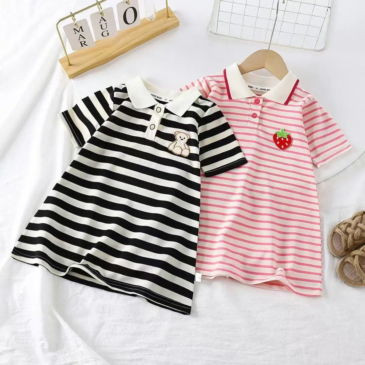 Vestido de verano para niña con estampado de oso y rayas