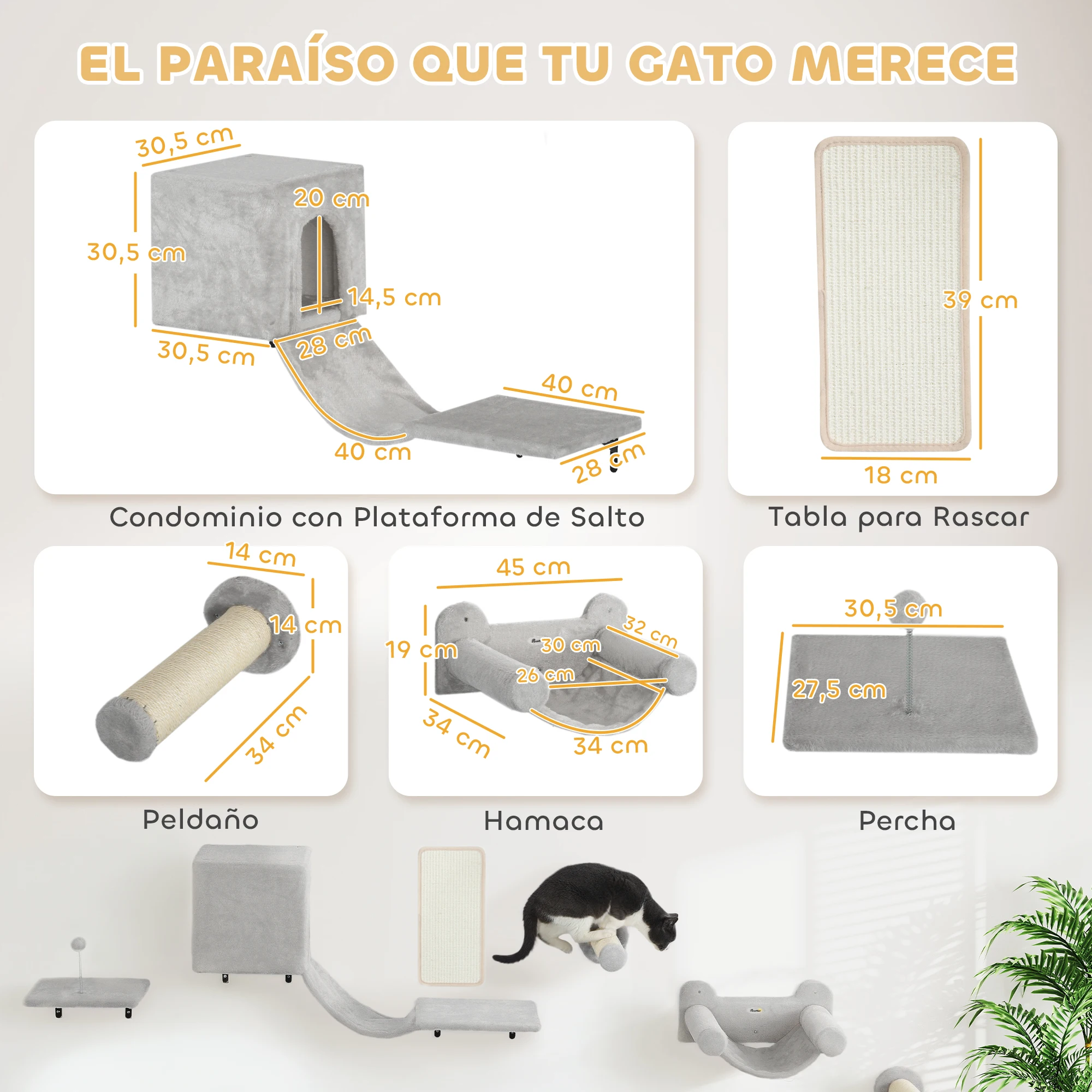 PawHut Juego de Pared de Escalada para Gatos de 6 Piezas Estanterías para Gatos con Condominio Plataforma Hamaca Escaleras Percha Tabla Rascador Poste de Sisal Bola de Juguete - imagen 3