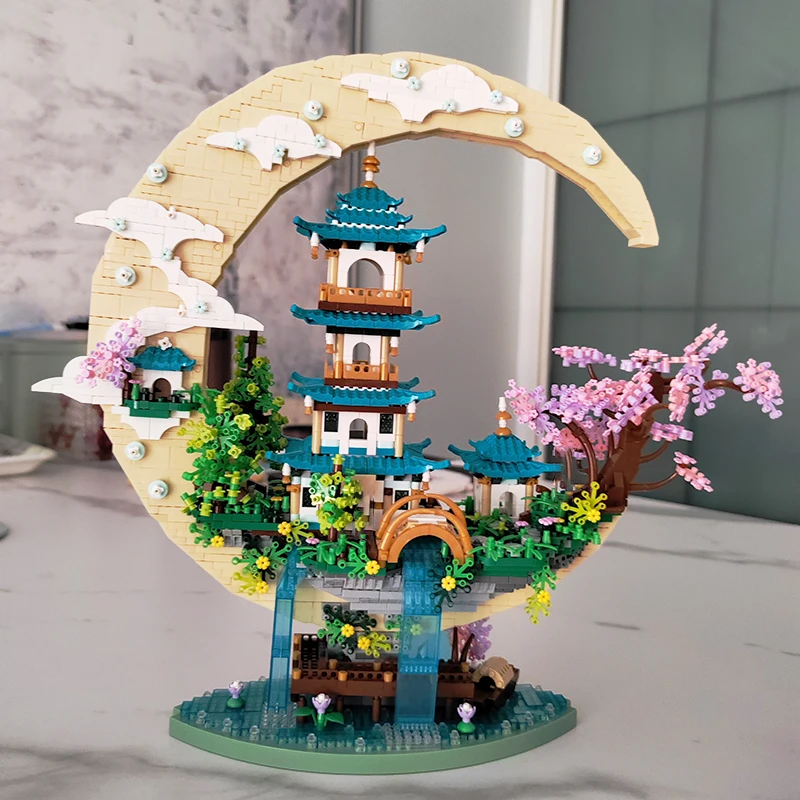 Bloques de construcción arquitectura casa de melocotón pabellón cascada río luz Led Diy Mini ladrillos de diamante juguete para regalo de niños decoración de la habitación