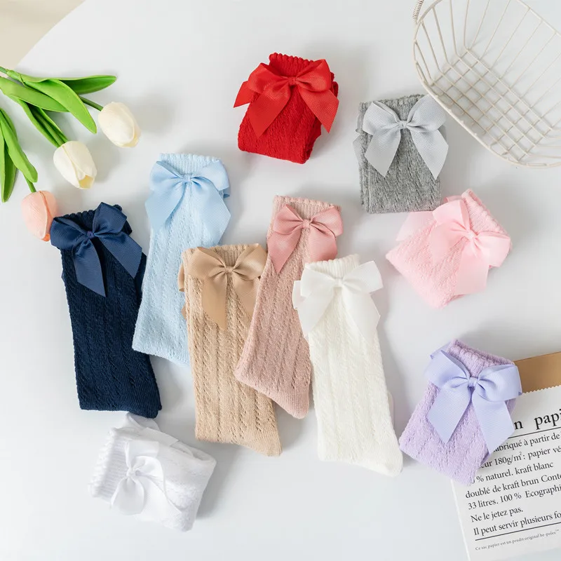 Calcetines de verano para niños de 0 a 7 años con lazo, calcetín largo hasta la rodilla de algodón, calcetines calados para niños pequeños, calcetines de malla de princesa para niños - imagen 5