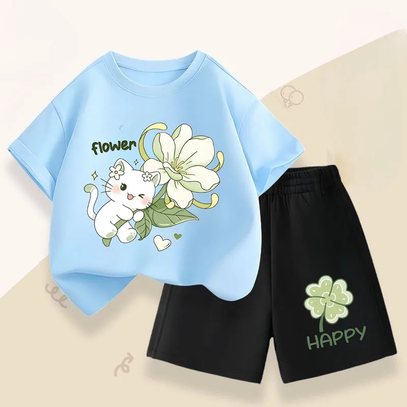 Conjuntos informales de verano para niñas, conjuntos de camisetas de manga corta para niños, camiseta transpirable, pantalones cortos, traje de dos piezas, ropa de vacaciones