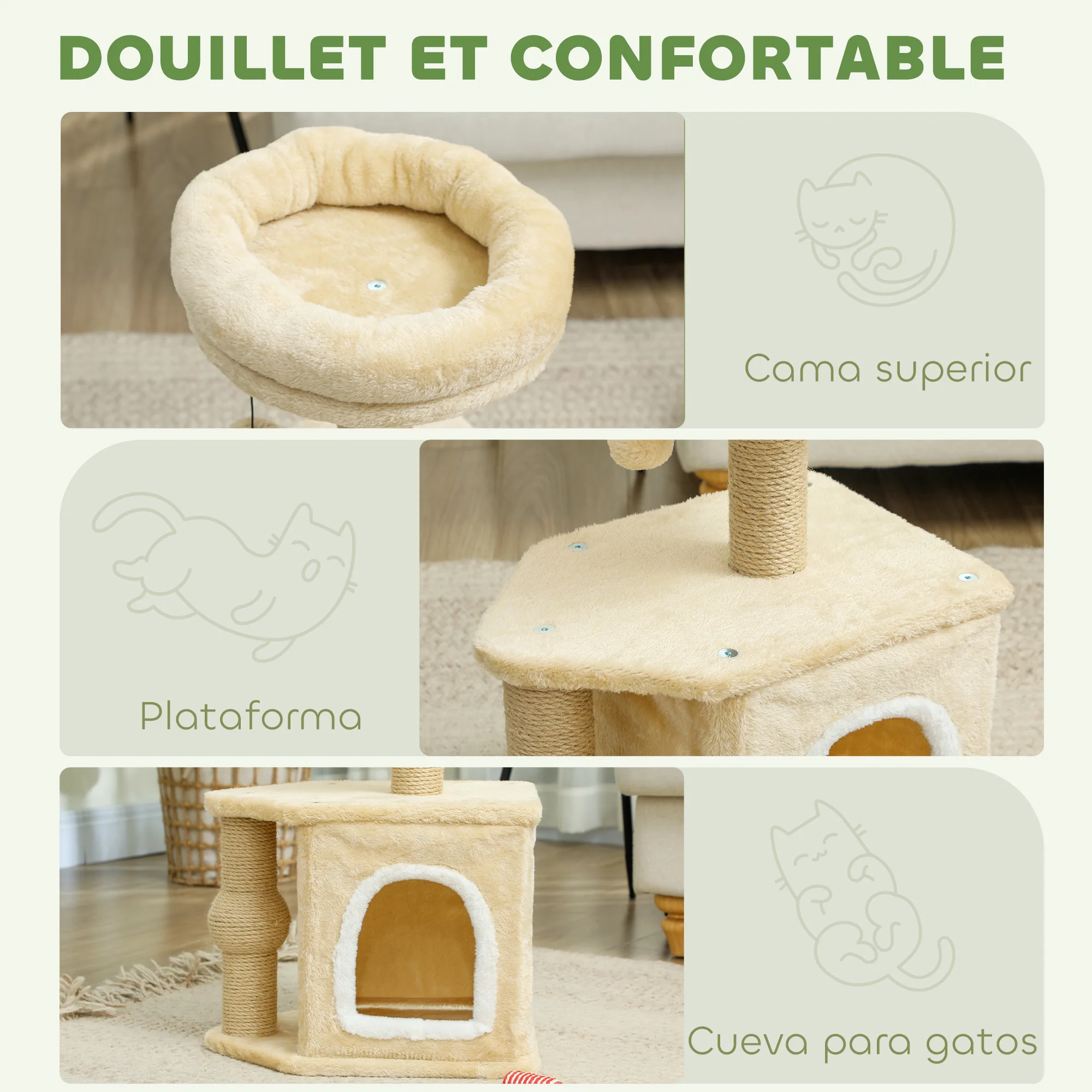 PawHut Árbol Rascador para Gatos Altura 66 cm Árbol para Gatos Torre para Gatos con Cama Cueva Plataforma Bola Colgante y Poste de Yute Beige - imagen 5
