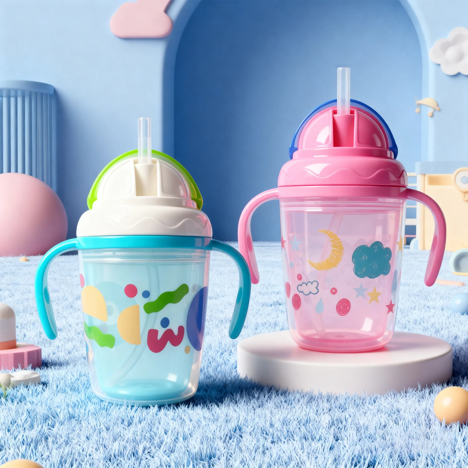 Taza para beber de aprendizaje para niños con aislamiento de doble capa de 230ML, bonita taza con pajita de pp, taza de agua para bebé de calibre ancho, regalo de cumpleaños