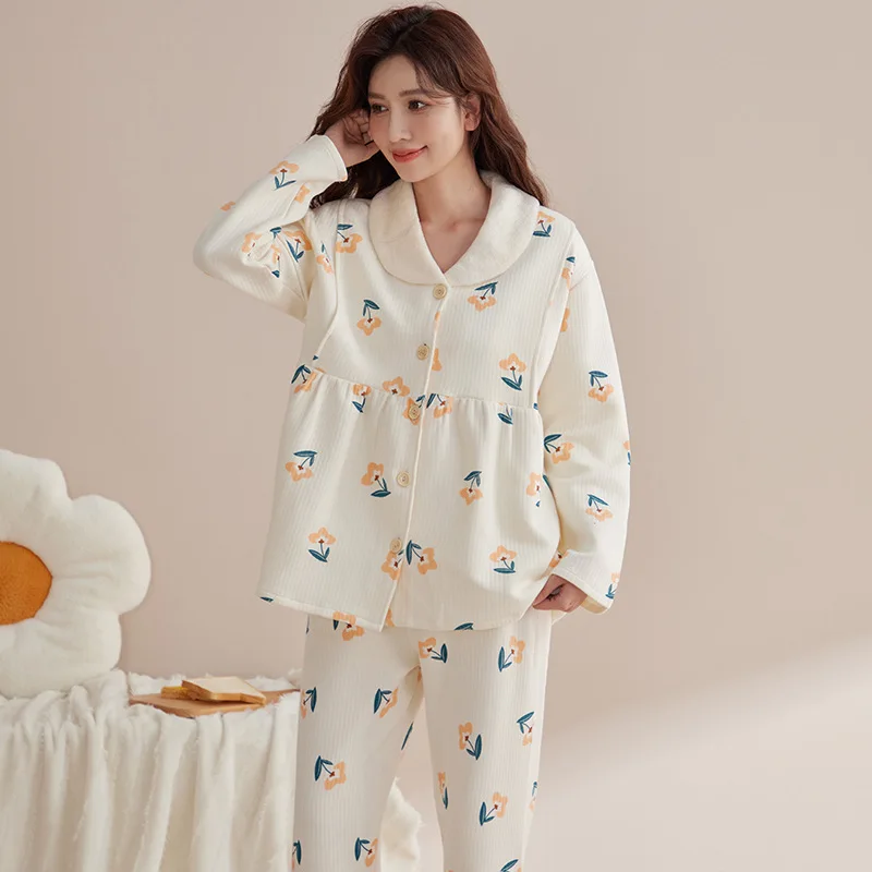 Conjunto de ropa de dormir de maternidad para lactancia, pijamas de lactancia acolchados de algodón estampado para otoño e invierno, para embarazo, salón en casa, uso hospitalario - imagen 5