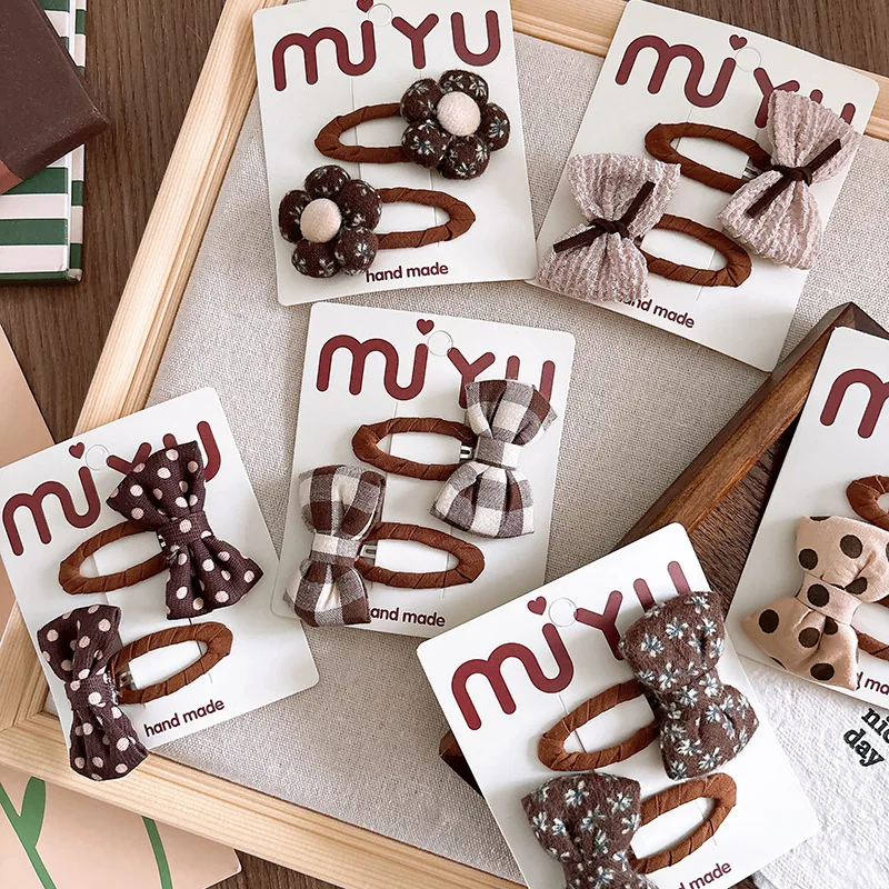 Pinzas para el cabello con lazo coreano para niñas, accesorios para el cabello para otoño e invierno, Clip BB con flequillo de flores de tela, sombreros marrones dulces para niños - imagen 2