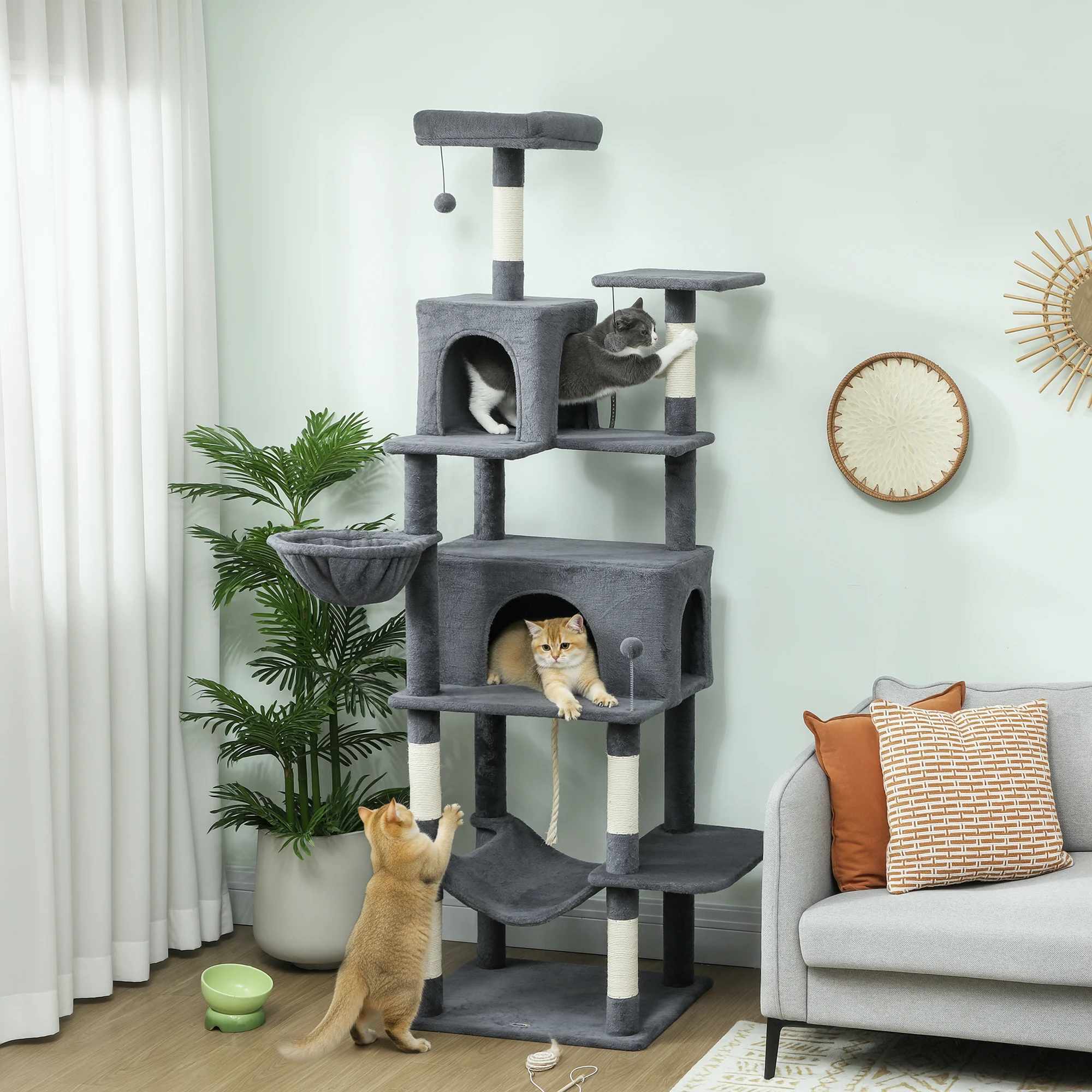 PawHut Árbol Rascador para Gatos, Árbol para Gatos 202 cm, Torre Escalador con Plataformas, Cama, Cuevas, Postes de Sisal, Bolas y Cuerda para Jugar - imagen 2