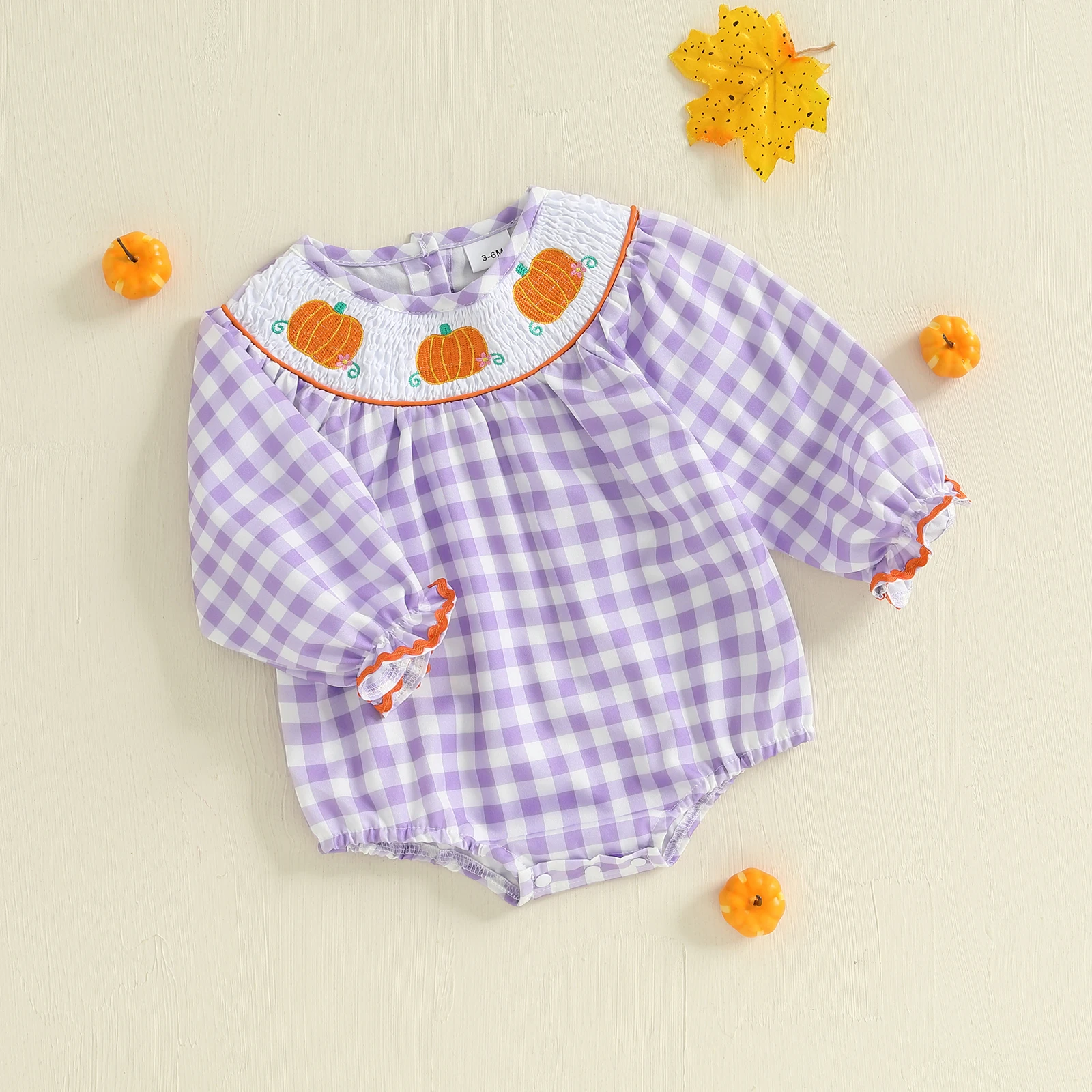 VISgogo-Pelele para niñas de 0 a 24 meses, mono de manga larga con cuello redondo y bordado a cuadros, disfraz de Halloween para recién nacidos - imagen 3