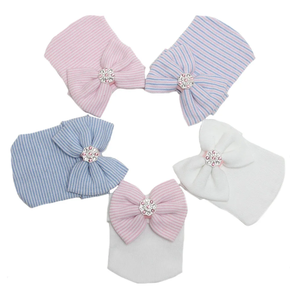 Gorro bonito con lazo Kawaii para recién nacido, gorros de Hospital para guardería, gorro infantil a rayas de Color sólido, gorros de turbante de algodón suave para niñas