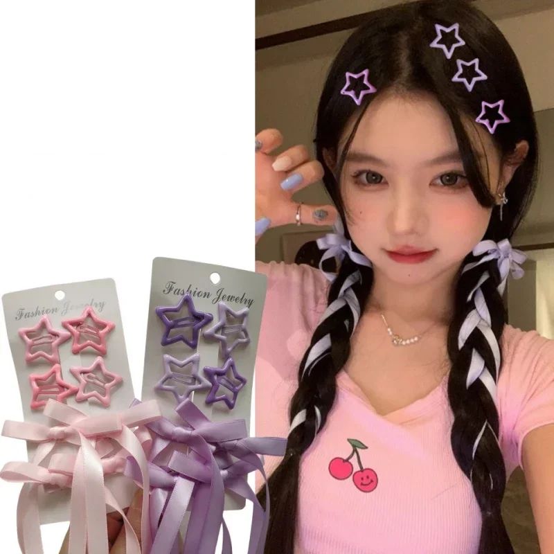 6 unids/set Ins estilo lindo pasadores de estrella con lazo para el pelo Clip de cinta para niños coreano Color sólido trenza Clip de pelo sombreros para niños