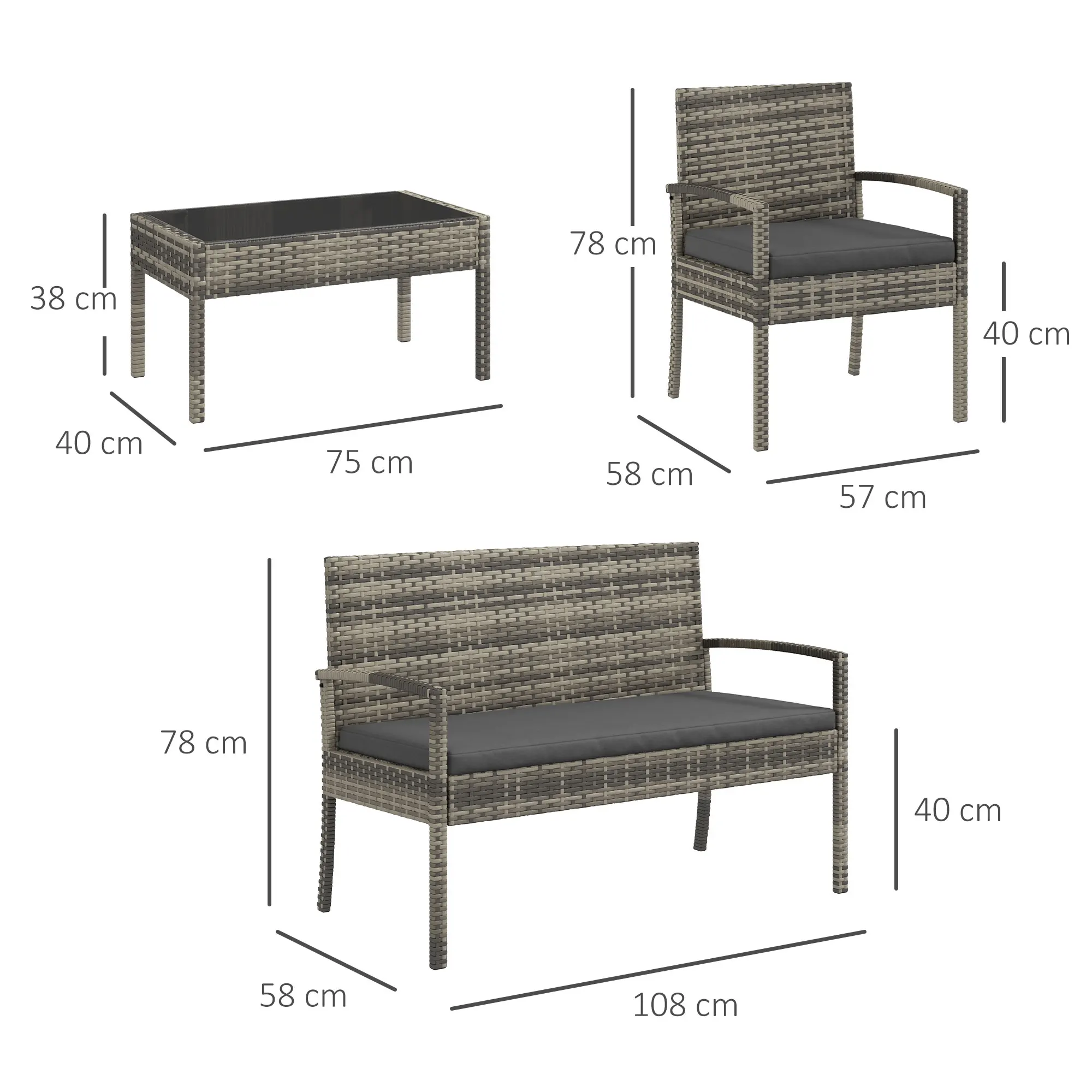 Outsunny Conjunto de Jardín de Ratán Sintético Juego de 4 Piezas Muebles de Jardín con 2 Sillones 1 Sofá de 2 Plazas y 1 Mesa de Centro de Tablero de Vidrio Anti-UV para Patio Gris - imagen 3