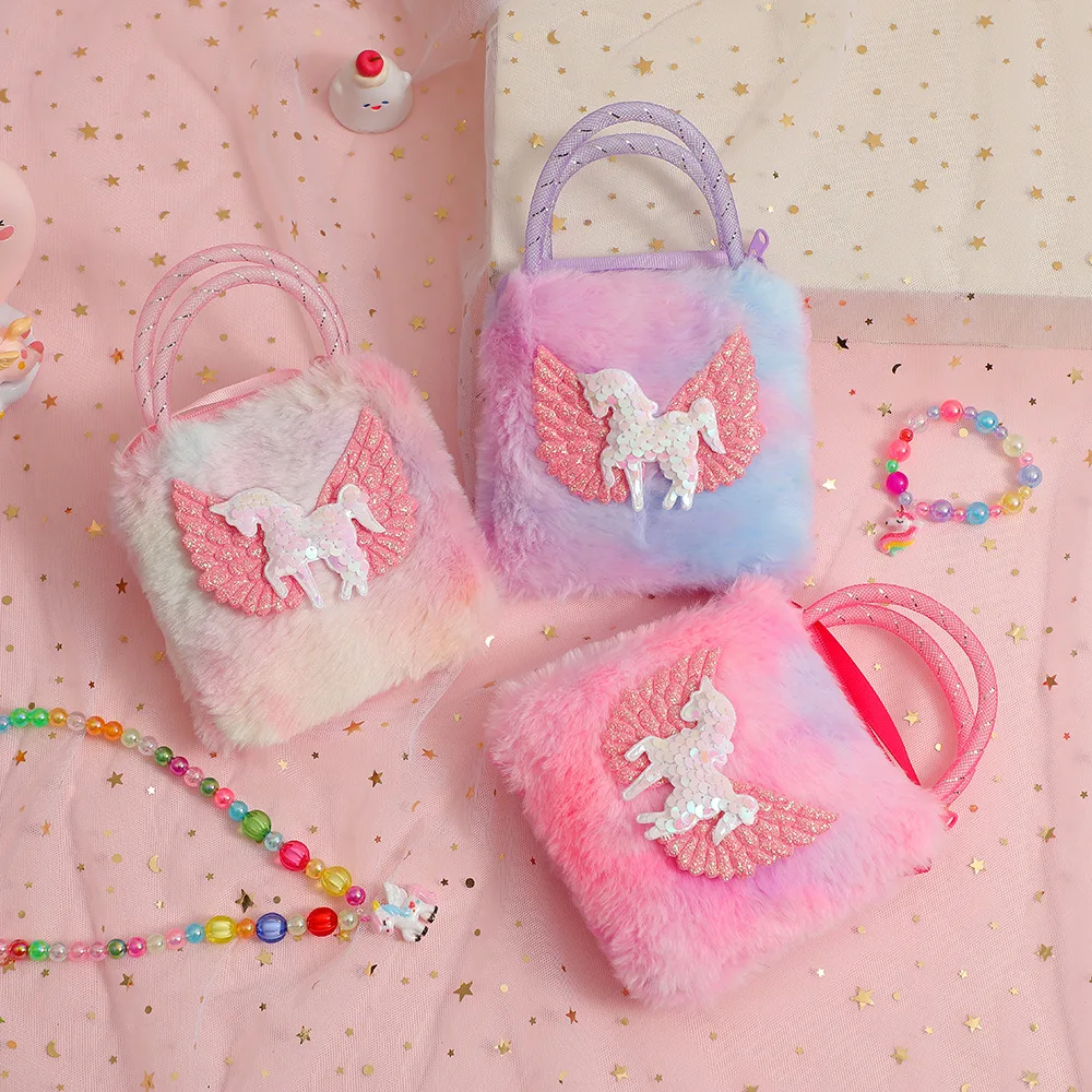 1 pieza de bolso de hombro peludo bonito de dibujos animados para niña, bolso cruzado de unicornio de dibujos animados brillante de felpa, bolsa de almacenamiento de cosas pequeñas para bebé - imagen 2