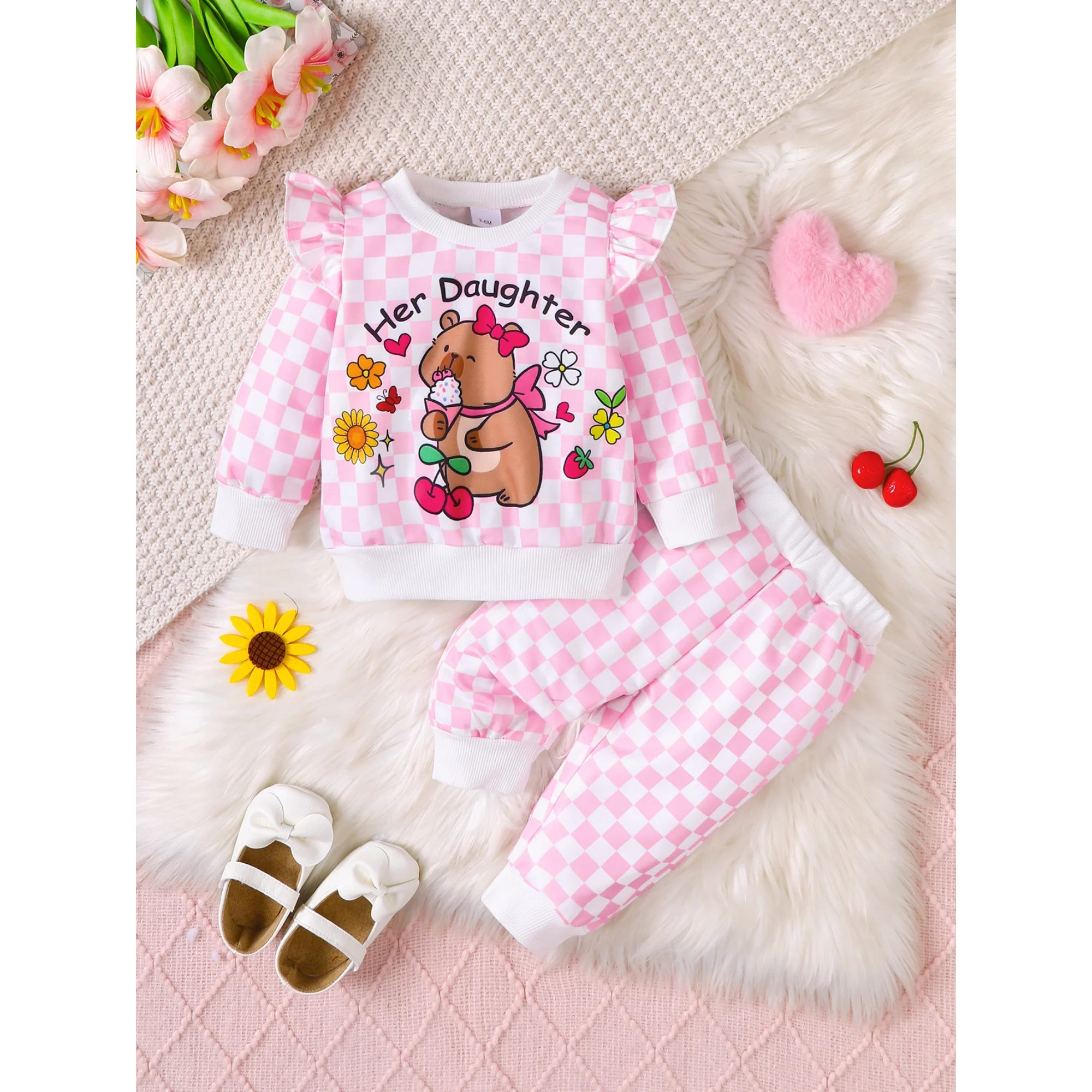 Conjunto de ropa rosa de manga larga para niña de 0 a 3 años, Top y pantalones con bonito patrón de dibujos animados, trajes para niña pequeña, primavera y otoño, 2 uds.
