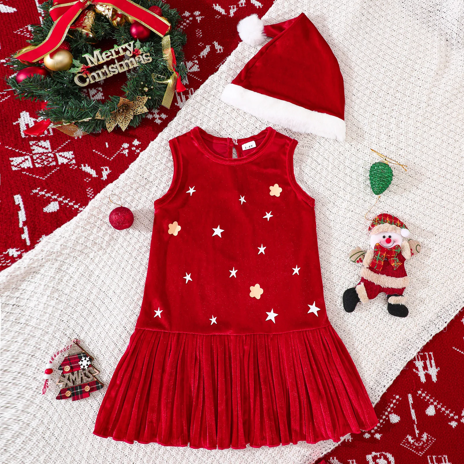 Conjunto de 2 piezas de vestidos de Navidad para niñas, vestido de princesa de lana sin mangas con estampado bonito + sombrero, ropa de Boutique para niños B253
