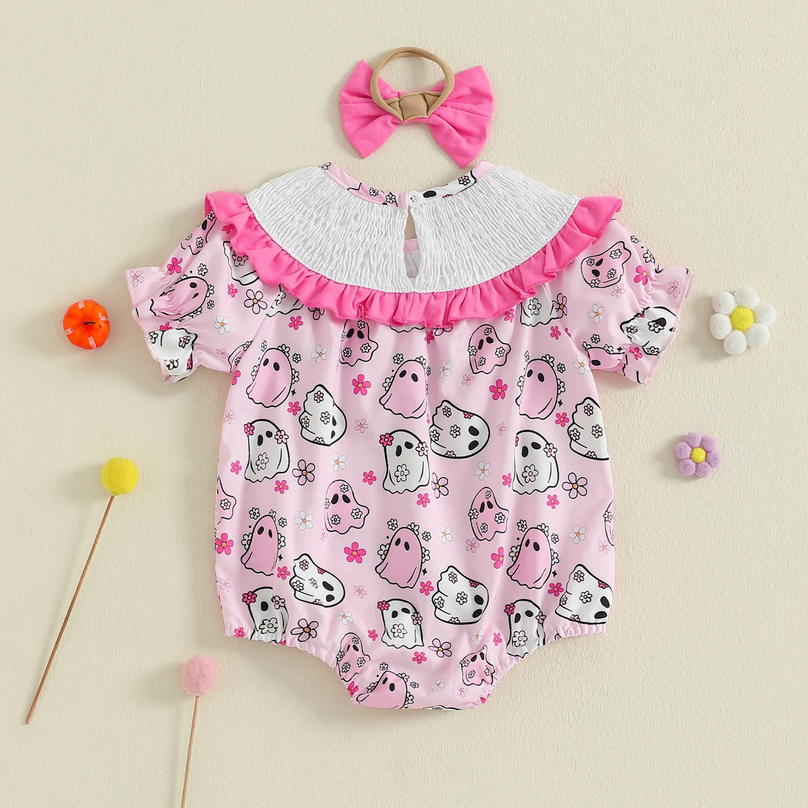 VISgogo-body para niña recién nacida, pelele con estampado de fantasma y cuello redondo de manga corta con diadema con lazo, ropa de Halloween - imagen 2