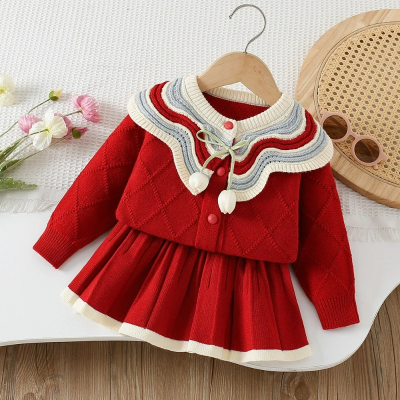 Chaqueta de hilo para niña, cárdigan y falda de punto de tulipán con cuello de bloque de Color a la moda, estilo coreano, conjunto de dos piezas, otoño e invierno - imagen 2