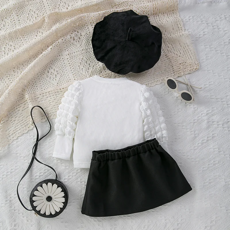 Conjunto de ropa de 3 piezas para niña pequeña, Tops de manga abombada con letras, falda y sombrero, moda coreana, Boutique, BC304 - imagen 3