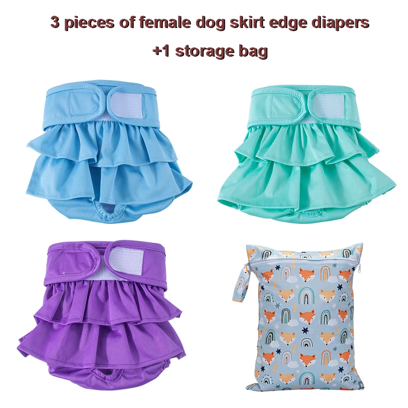 3 piezas de pañales con borde de falda para perro + 1 juego combinado de bolsa de almacenamiento - Reutilizable Lavable, Color sólido Lindo vestido para mascotas