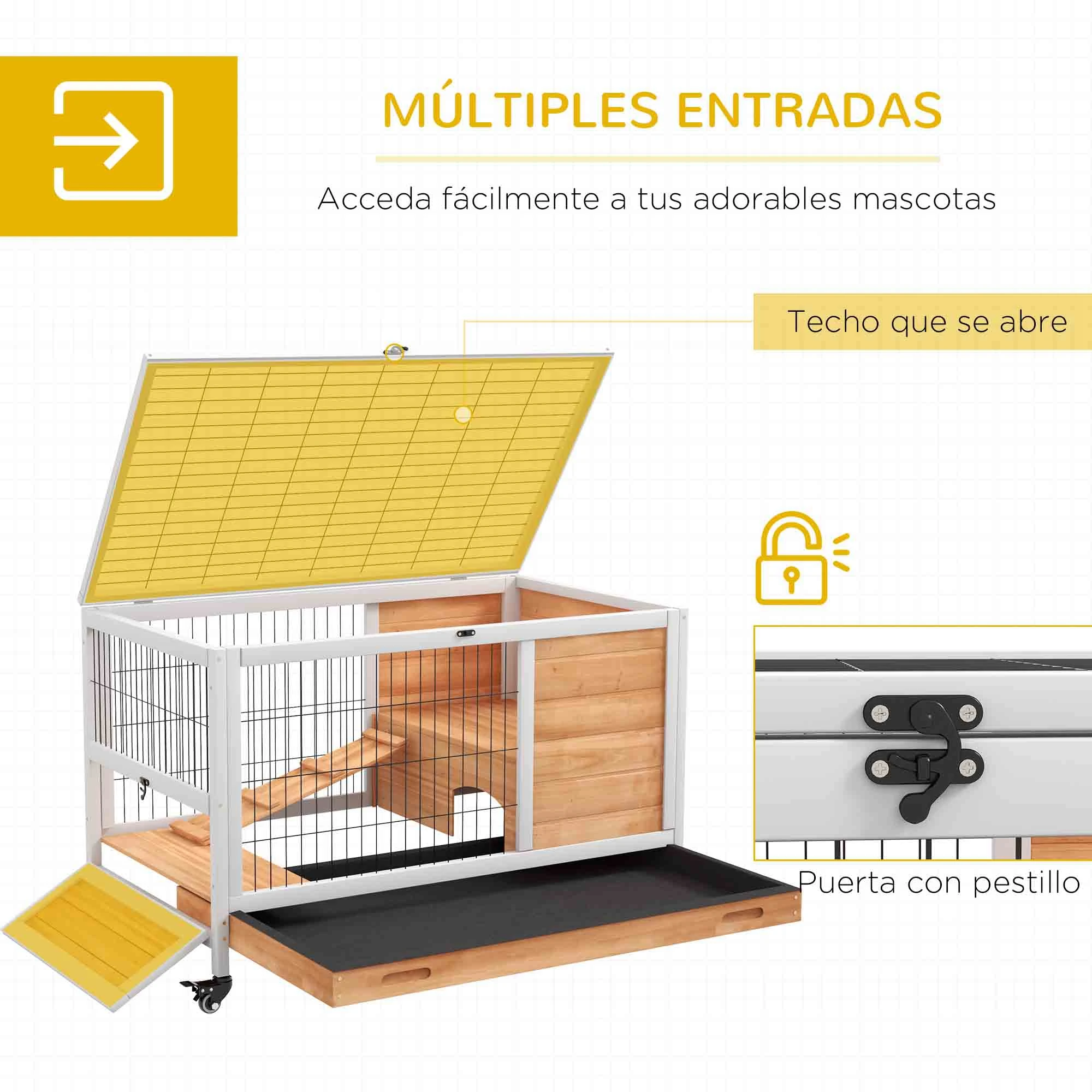 PawHut Jaula para Conejos de Madera Conejera para Mascotas Pequeñas Portátil Interior con Techo Abrible Rampa Bandeja Extraíble para Conejillos de Indias 90x53x59 cm Natural y Blanco - imagen 5