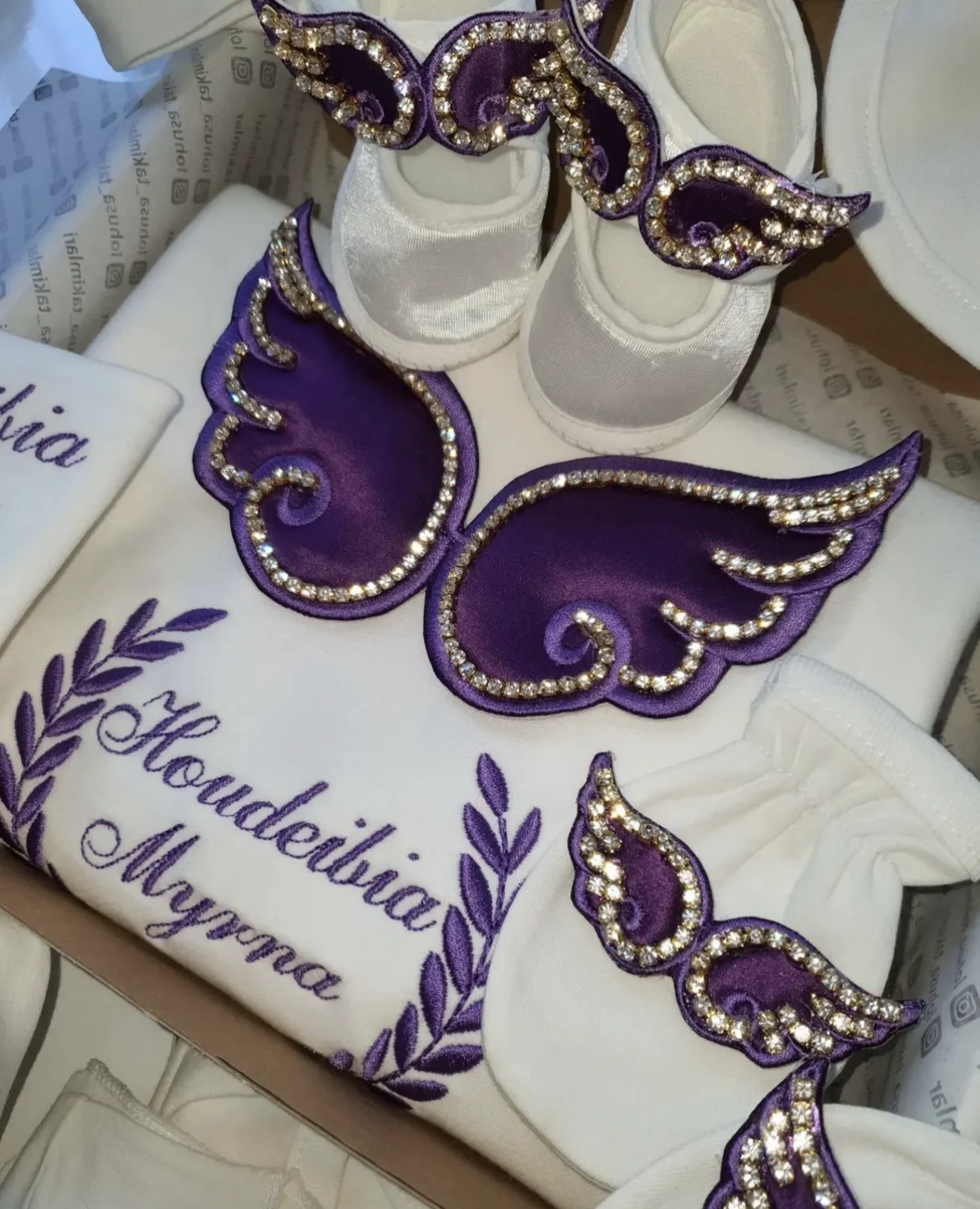 Dollbling salida de Hospital 5 uds bordado nombre recién nacido ángulo alas mameluco manta guardería ropa de cama Swaddle traje infantil hecho a mano - imagen 4