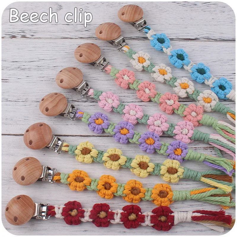 Clips para chupete de tela, juguetes, cuerda colgante antipérdida, cadena para chupete de flores tejida a mano, soporte para chupete, cadena para chupete - imagen 2