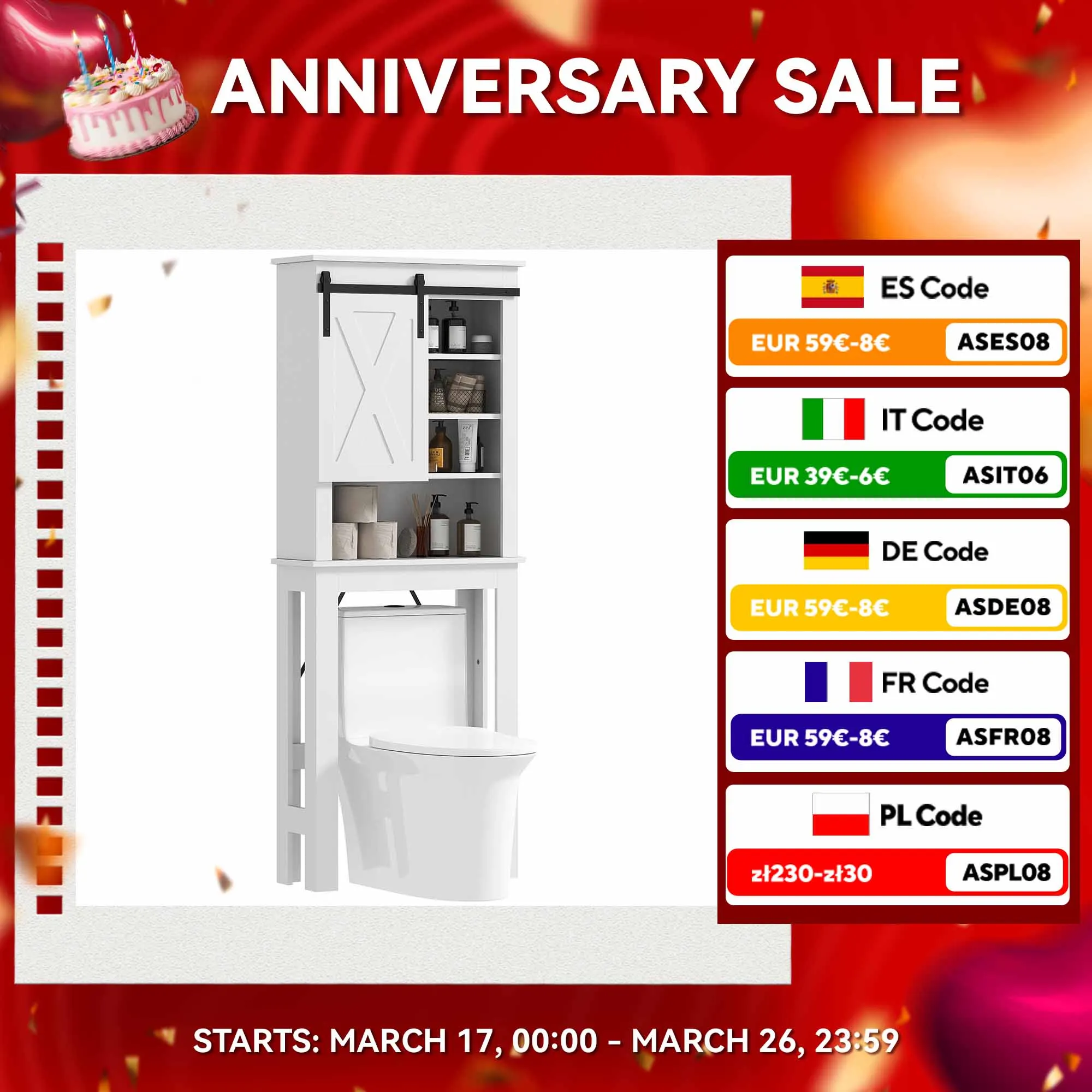 HOMCOM Mueble sobre Inodoro Armario sobre Inodoro con Puerta Corredera de Granero y 6 Compartimentos Mueble de Baño Rústico 67x25x172 cm Blanco