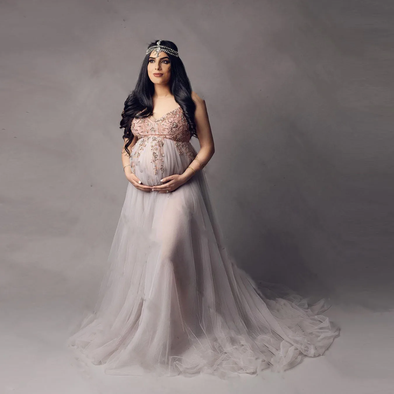 Vestido de fotografía de maternidad, vestido rosa con abertura, vestido Halter de tul con diamantes de imitación, vestido para Baby Shower, vestido de novia dulce, accesorio para sesión de fotos
