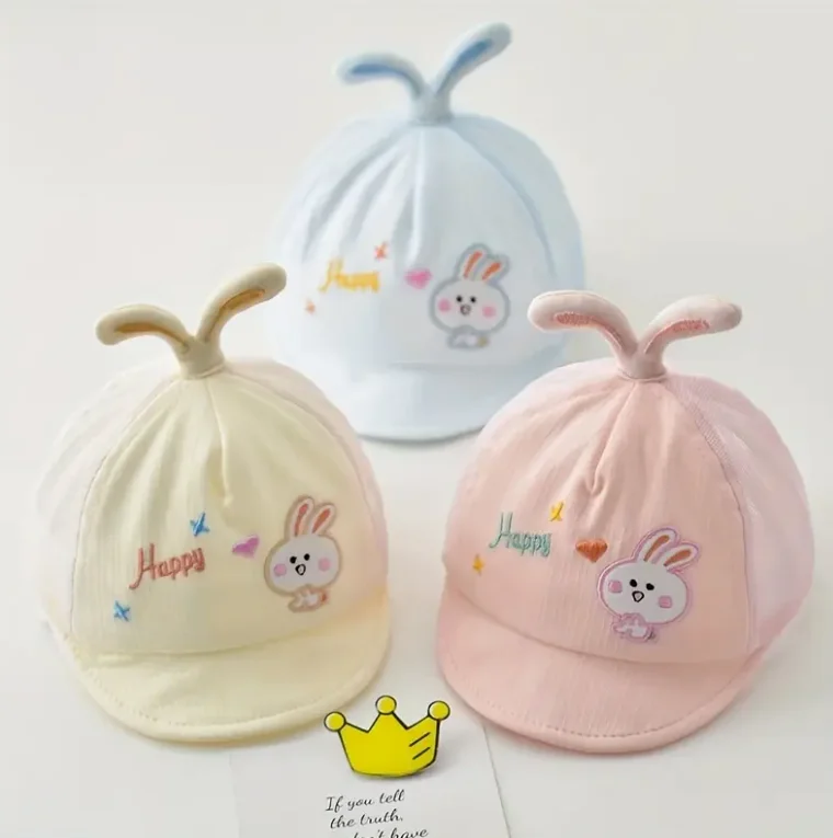 Sombrero para el sol para bebé recién nacido, gorra de béisbol transpirable para jóvenes de 0 a 6 meses con cinta mágica, decoración de conejito bordada - imagen 2