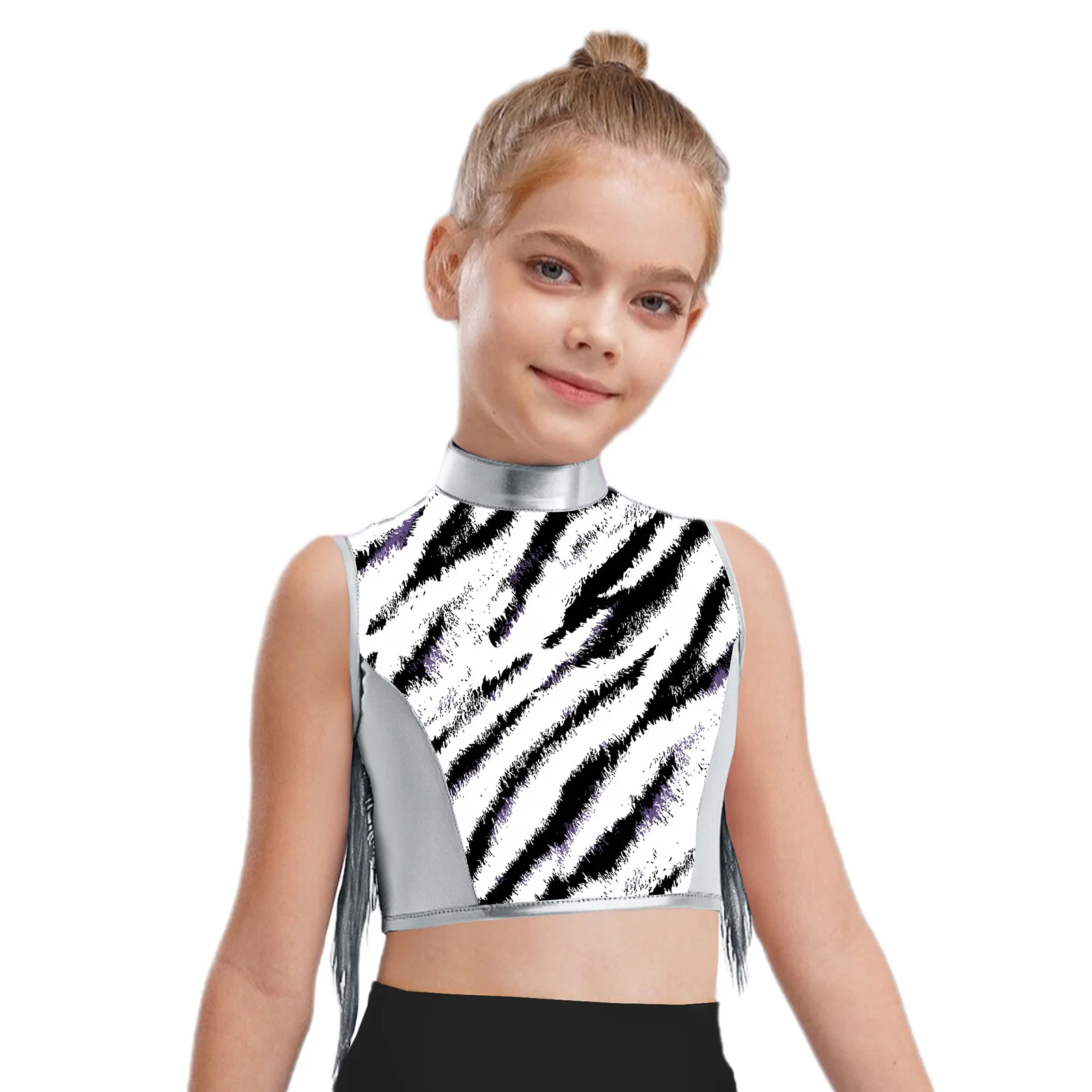Traje de baile metálico con top y shorts para niñas – Estilo callejero