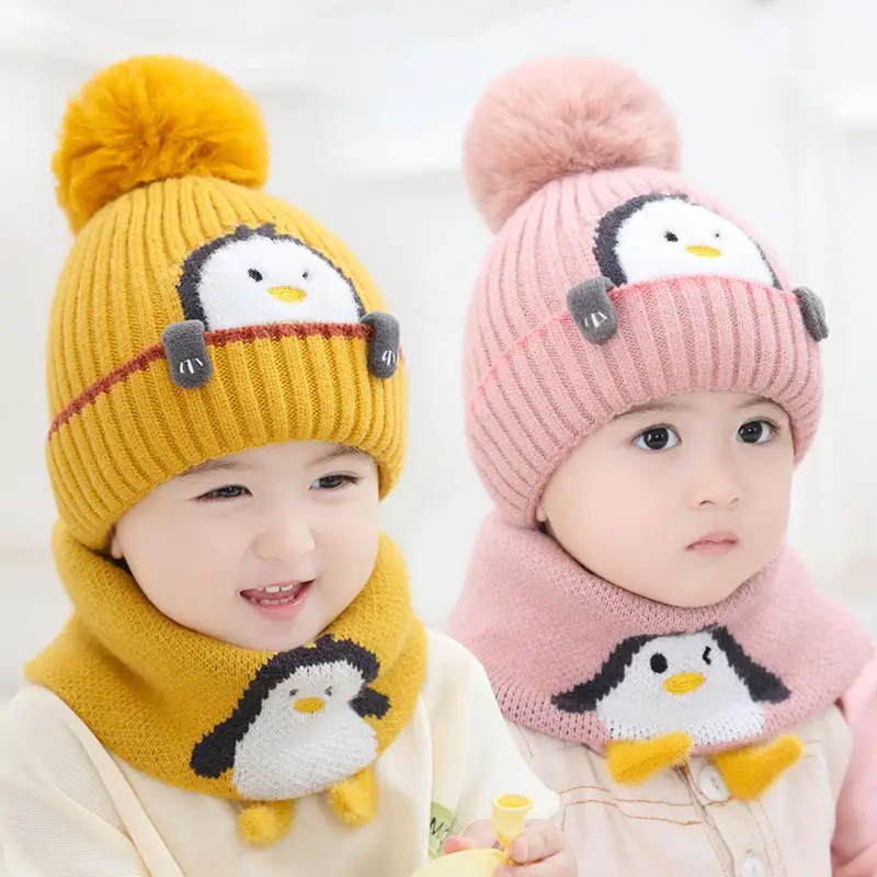 Pingüino, gorro de Jacquard tejido acrílico Unisex, bufanda para bebé con pompón de piel para niños, conjunto de gorro de viaje para invierno cálido - imagen 2