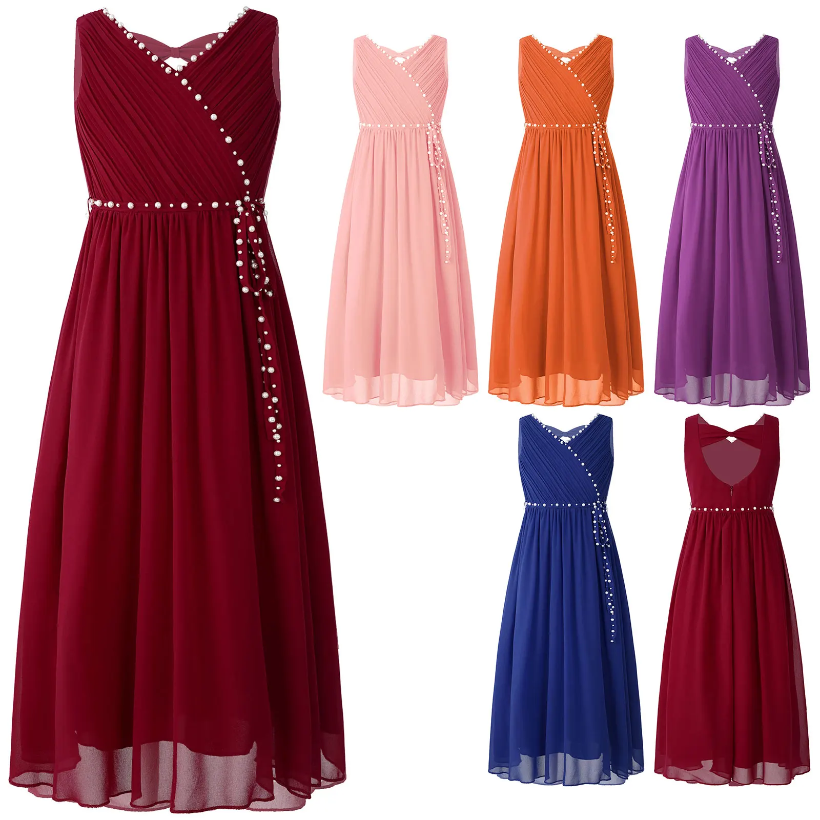 Vestido de flores para niñas, elegante vestido de fiesta de gasa con cuentas de verano, vestido fruncido con cuello en V sin mangas con lazo recortado para boda de dama de honor - imagen 2