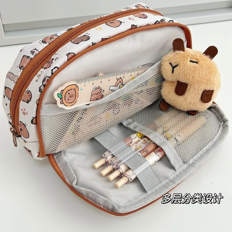 Bolsa para bolígrafos de tres capas de dibujos animados, bolsa de papelería de gran capacidad para carpinchos, estuche multifuncional para lápices para niños y niñas - imagen 4