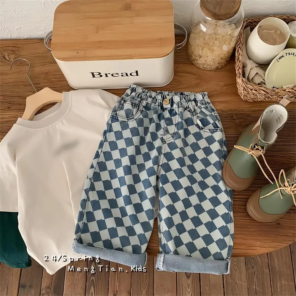 Pantalones para niños de 2 a 7 años, pantalones a cuadros para niños, pantalones vaqueros informales para niños, pantalones largos a la moda para niños