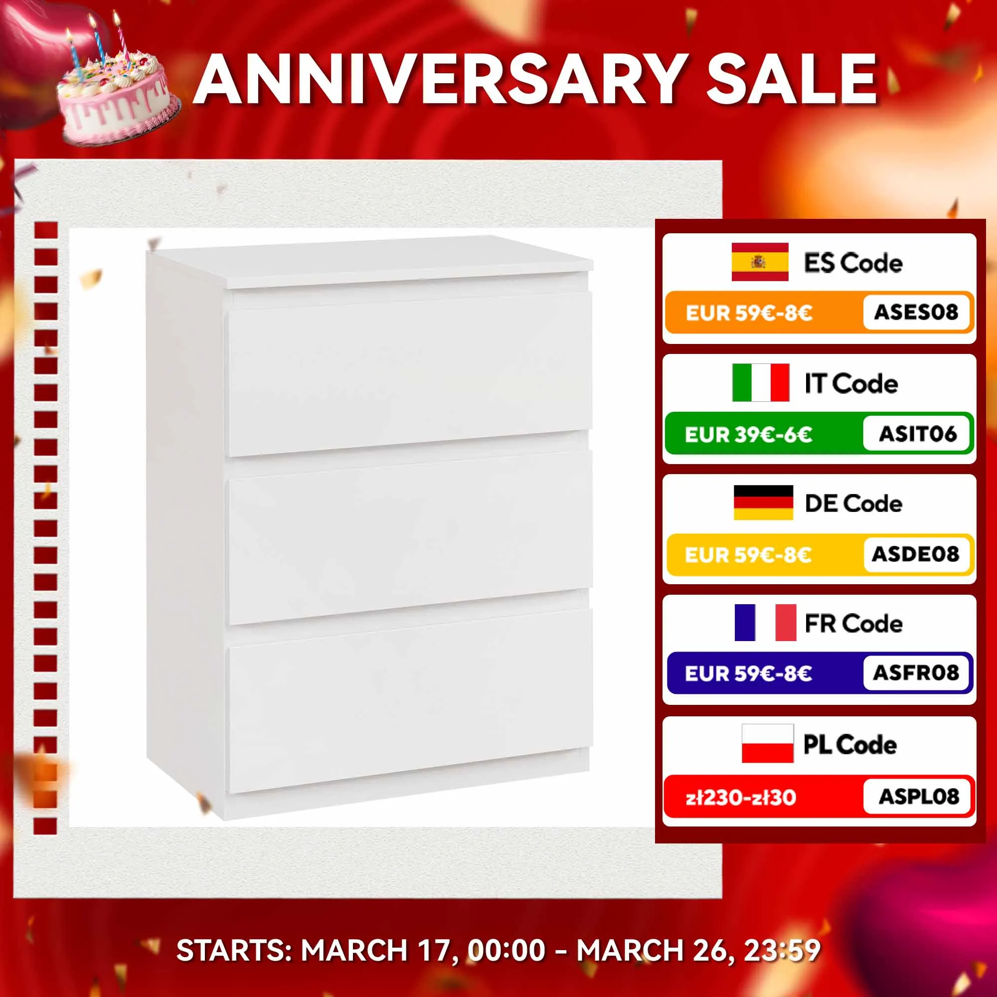 HOMCOM Cómoda con 3 Cajones Cómoda de Dormitorio Moderno con Diseño Anti-vuelco Cajonera para Salón Pasillo Blanco Brillo