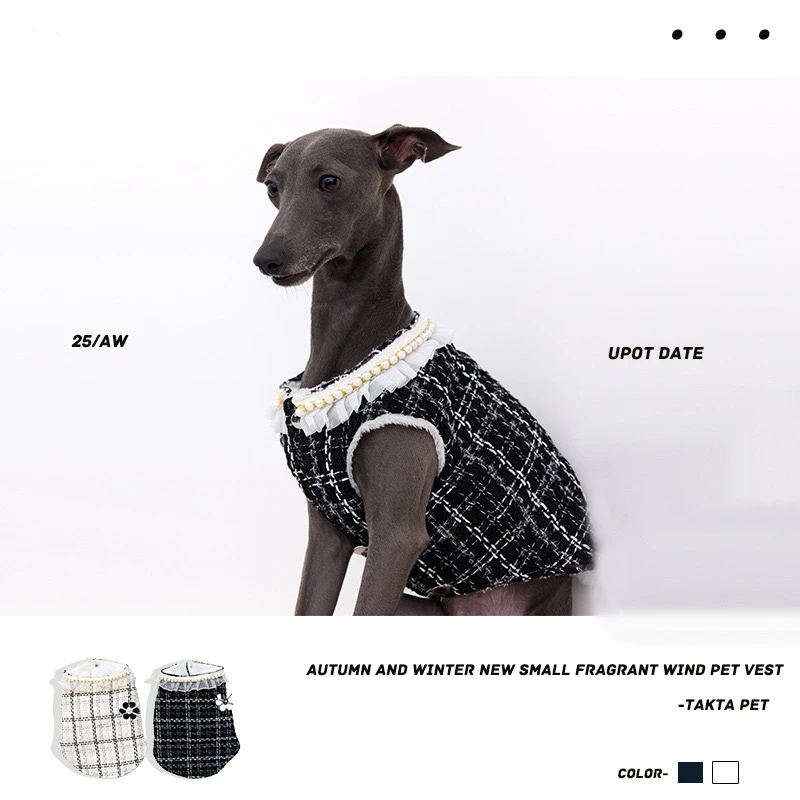 Ropa fragante a cuadros en blanco y negro con perla para mujer Whippet galgo italiano chaleco de perro femenino de lujo en fiesta